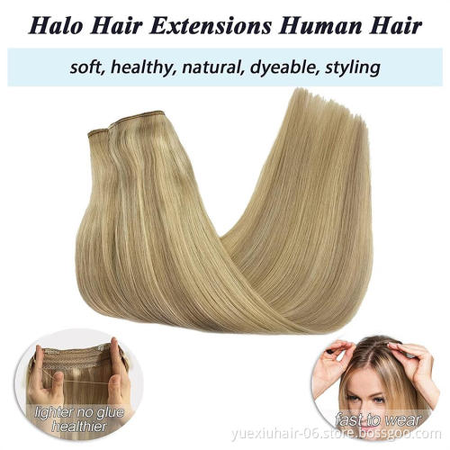 Drop shipping Own Band Remy Halo Hair Piece Highlight Color Silk Straight Real Brazilian Human Hair Halo Hair Extension